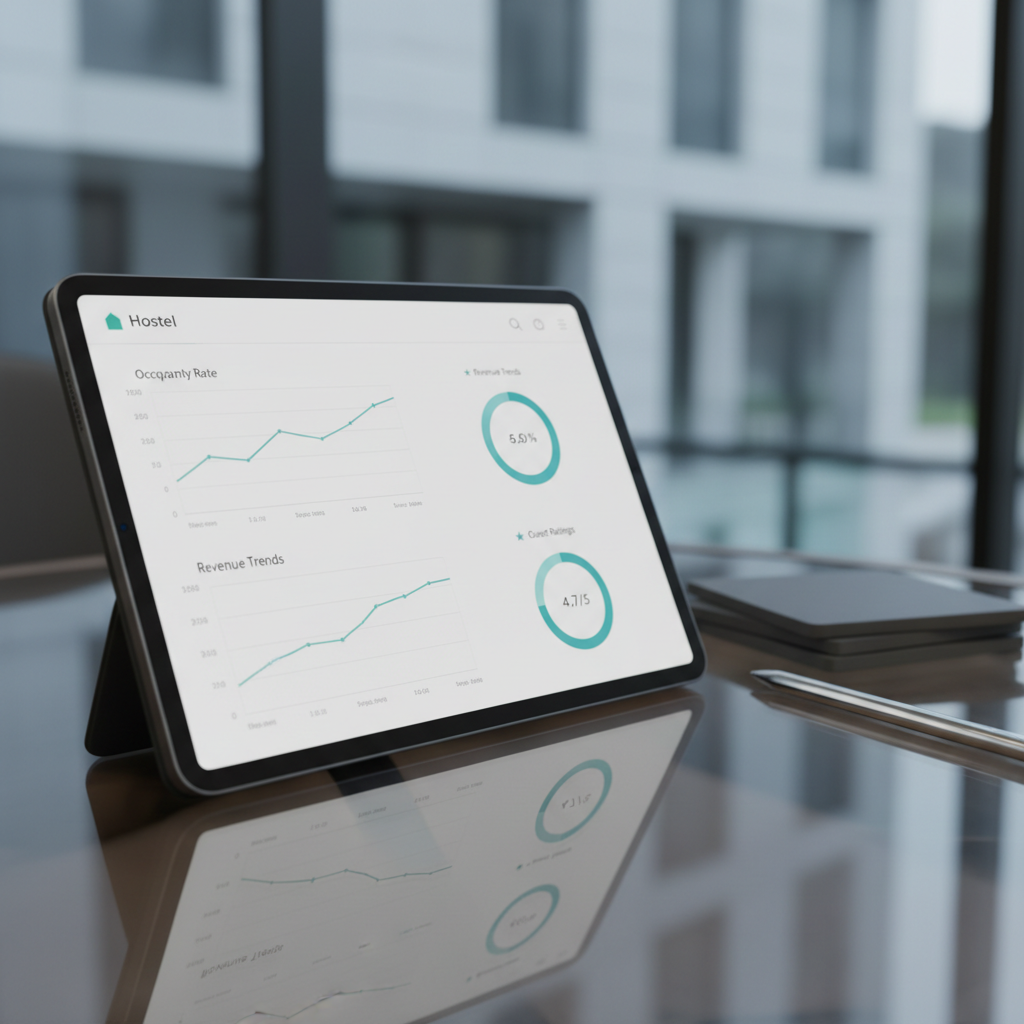 A close-up of a tablet lying on a smoked-glass table, its screen showcasing a sophisticated analytics view of hostel performance: occupancy graphs, revenue trends, and guest ratings presented in clean, monochrome charts with subtle teal accents. The tablet has a thin, graphite-colored frame and rests beside a chrome pen and a neatly stacked set of slate-gray coasters. Soft, cool window light from the right creates defined edges and crisp reflections on the glass surface, while the background fades into a tasteful blur of abstract architectural lines. Photographic realism, with a slightly elevated angle and shallow depth of field, creates a focused, contemplative mood, highlighting data-driven control and efficiency.