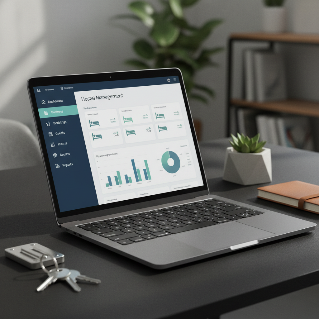 A sleek, dark-charcoal laptop open on a matte black desk, its screen displaying a refined dashboard of a hostel management platform: neatly organized room cards, occupancy charts, and a minimalist navigation sidebar in deep navy and soft teal. Around the laptop sit a polished metal key organizer, a slim leather-bound notebook, and a small, sculptural concrete planter with a single green leaf. Soft, indirect daylight enters from the left, creating gentle reflections on the laptop’s brushed aluminum surface and subtle shadows on the desk. Photographic realism, shot at eye level with a shallow depth of field, keeps the interface in crisp focus while the background softly blurs, conveying a sophisticated, calm, and highly professional atmosphere.